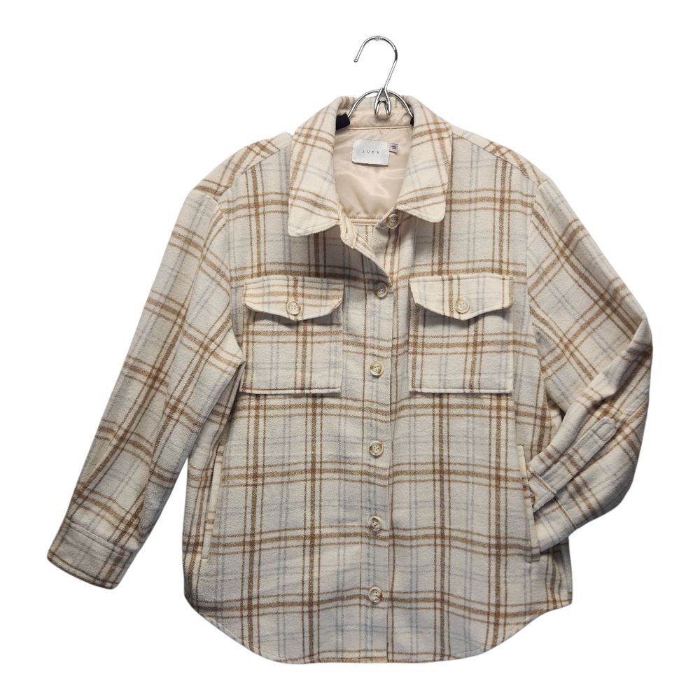 LUSH Oversized Cream Plaid Flannel Shacket w/Pockets MEDIUM